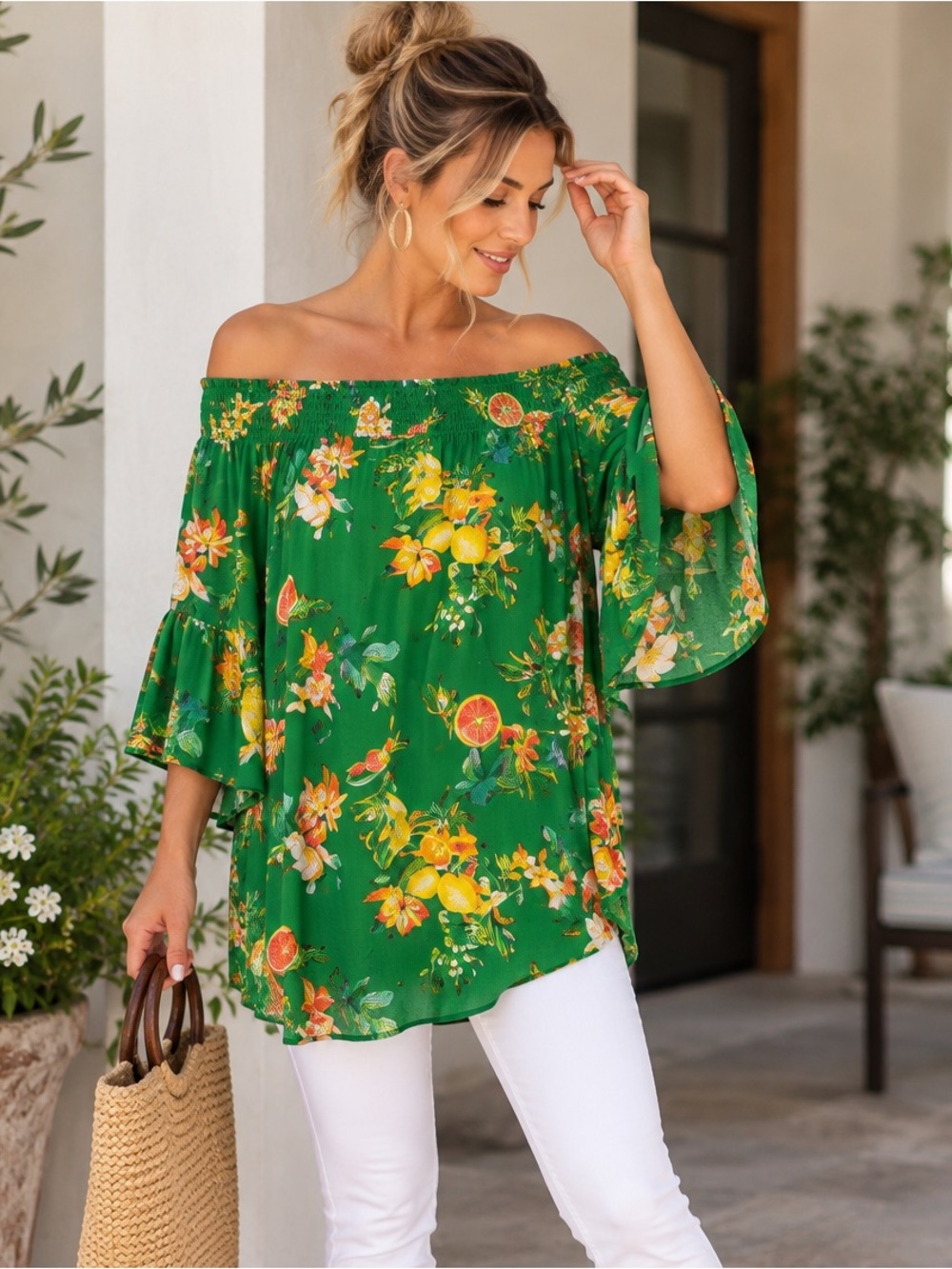 Cato Green Citrus Floral Off Shoulder Boho Tunic Top L